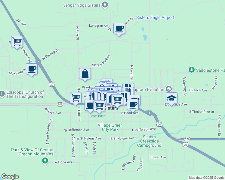 map of restaurants, bars, coffee shops, grocery stores, and more near 181 East Tall Fir Court in Sisters