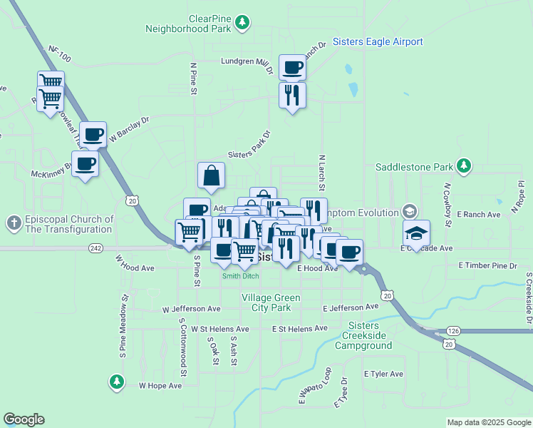 map of restaurants, bars, coffee shops, grocery stores, and more near 181 East Tall Fir Court in Sisters