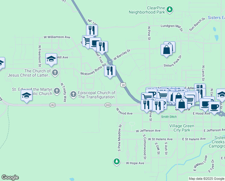 map of restaurants, bars, coffee shops, grocery stores, and more near 425 U.S. 20 in Sisters