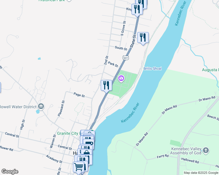 map of restaurants, bars, coffee shops, grocery stores, and more near 6 Stoddard Lane in Hallowell