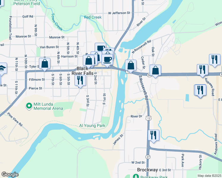 map of restaurants, bars, coffee shops, grocery stores, and more near 24 Fillmore Street in Black River Falls