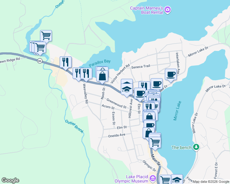 map of restaurants, bars, coffee shops, grocery stores, and more near 2284 Saranac Avenue in Lake Placid