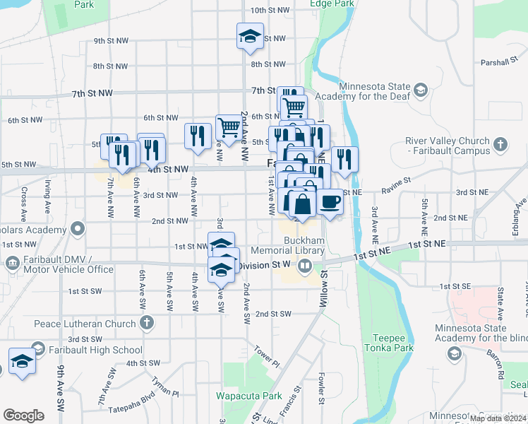 map of restaurants, bars, coffee shops, grocery stores, and more near 208 1st Avenue Northwest in Faribault