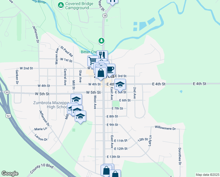 map of restaurants, bars, coffee shops, grocery stores, and more near 93 East 4th Street in Zumbrota