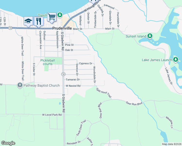 map of restaurants, bars, coffee shops, grocery stores, and more near 220-224 Woodsdale Drive in Roscommon County