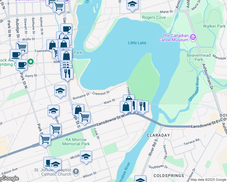 map of restaurants, bars, coffee shops, grocery stores, and more near 69 Crescent Street in Peterborough