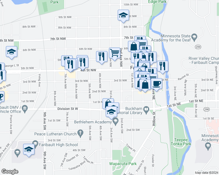 map of restaurants, bars, coffee shops, grocery stores, and more near 212 3rd Avenue Northwest in Faribault