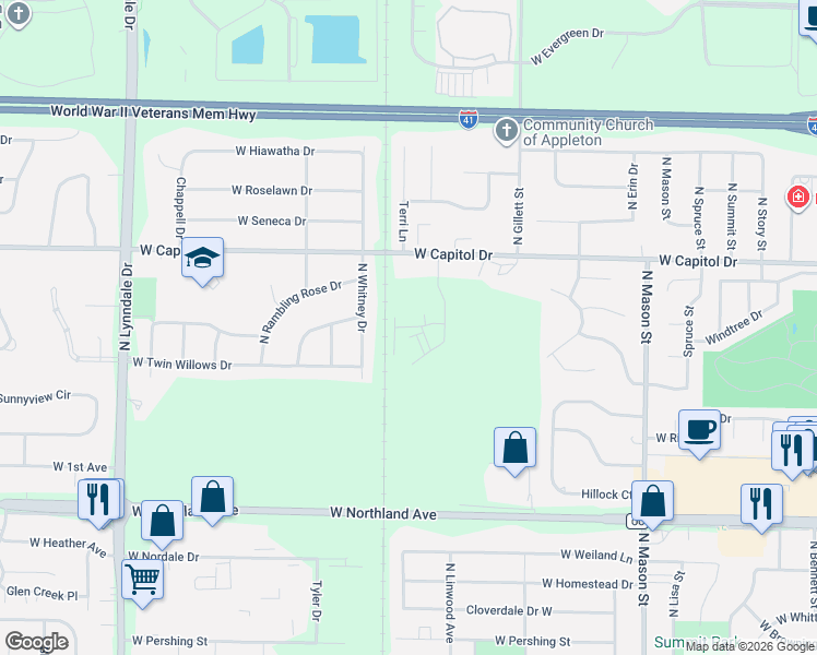 map of restaurants, bars, coffee shops, grocery stores, and more near 21 Sanctuary Court in Appleton
