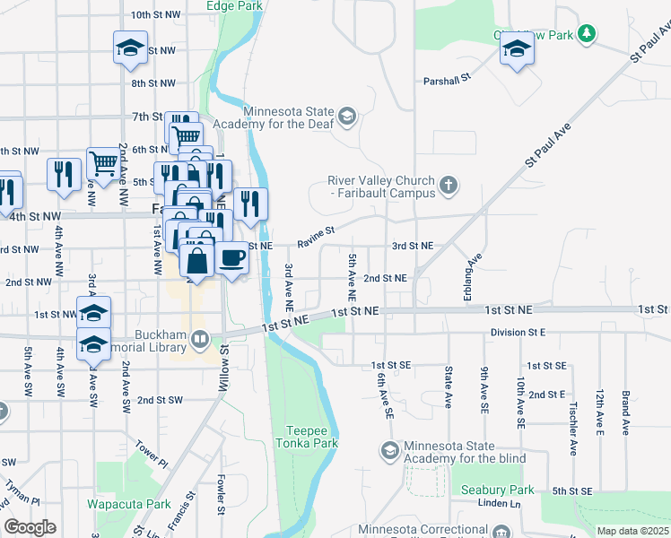 map of restaurants, bars, coffee shops, grocery stores, and more near 421 3rd Street Northeast in Faribault