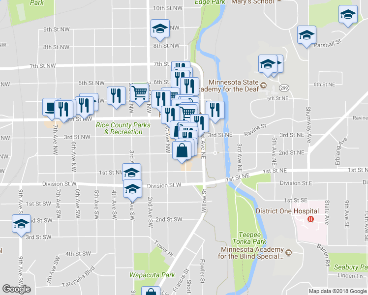 map of restaurants, bars, coffee shops, grocery stores, and more near 210 Central Avenue North in Faribault