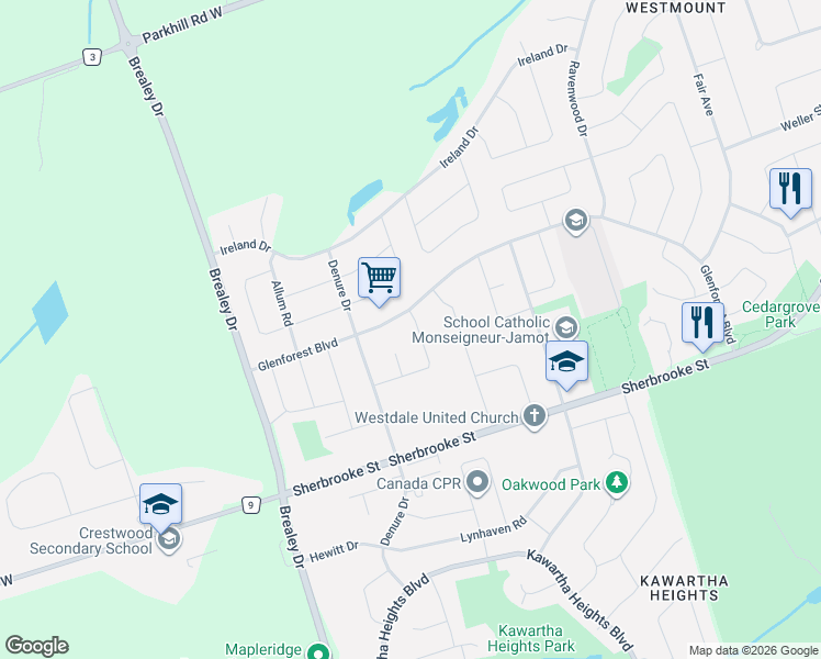 map of restaurants, bars, coffee shops, grocery stores, and more near 1675 Keppler Crescent in Peterborough