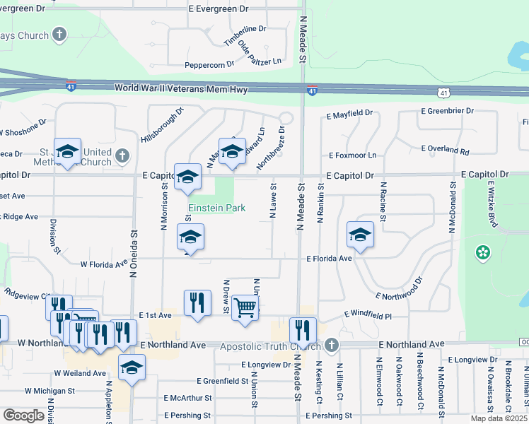 map of restaurants, bars, coffee shops, grocery stores, and more near 3301 North Lawe Street in Appleton
