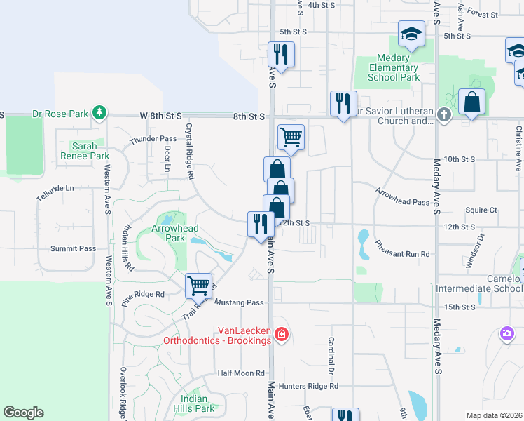 map of restaurants, bars, coffee shops, grocery stores, and more near 1022 Main Ave S in Brookings