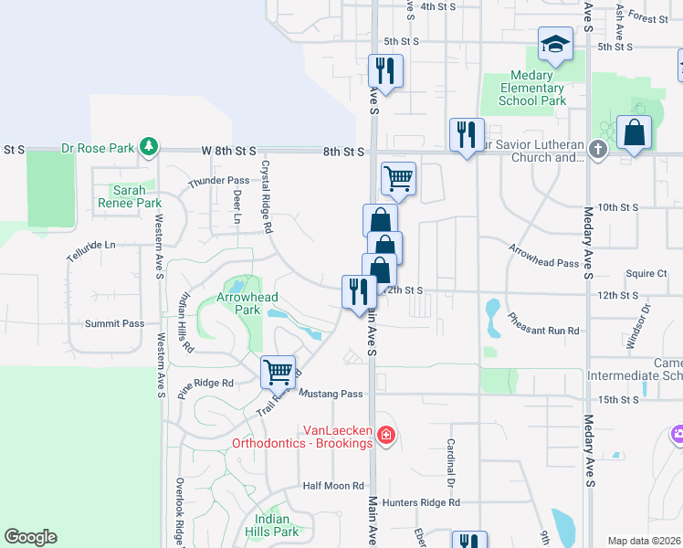 map of restaurants, bars, coffee shops, grocery stores, and more near 1022 Main Ave S in Brookings