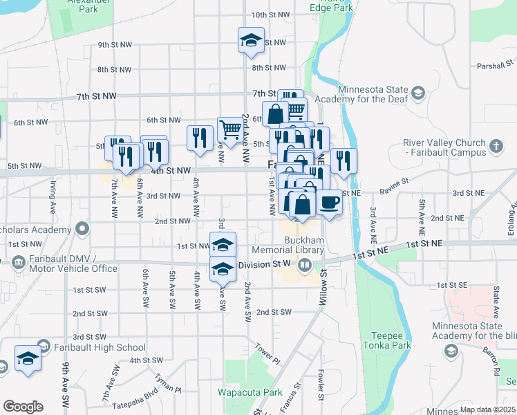 map of restaurants, bars, coffee shops, grocery stores, and more near 208 1st Avenue Northwest in Faribault