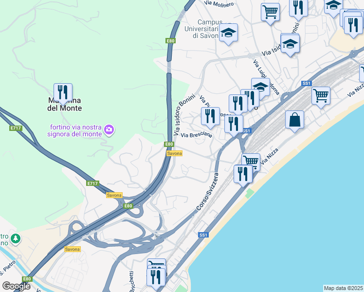 map of restaurants, bars, coffee shops, grocery stores, and more near 31 Via Bresciana in Savona