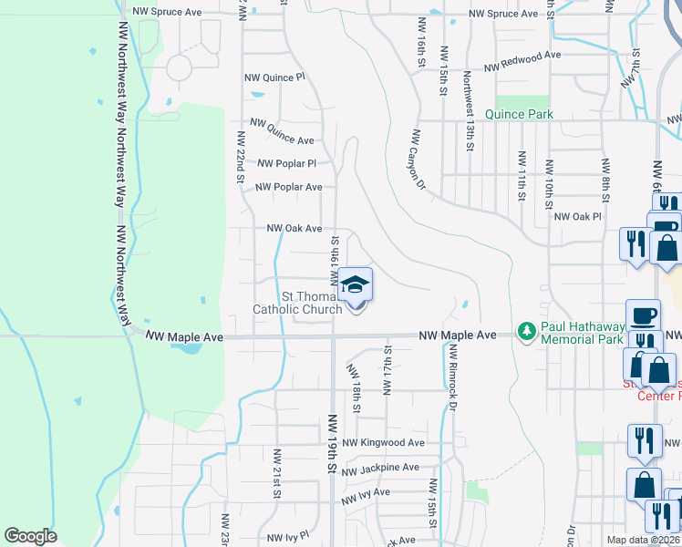 map of restaurants, bars, coffee shops, grocery stores, and more near 1803 Northwest 18th Street in Redmond