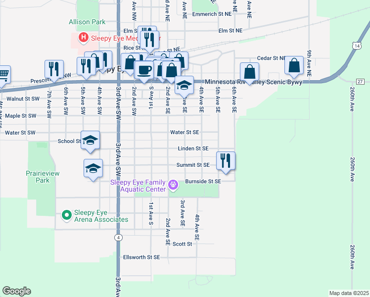 map of restaurants, bars, coffee shops, grocery stores, and more near Linden Street Southeast in Sleepy Eye