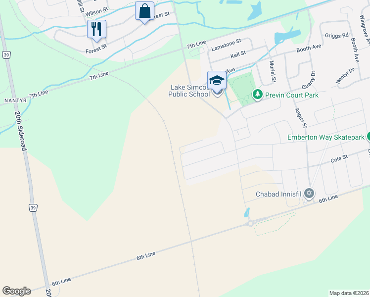 map of restaurants, bars, coffee shops, grocery stores, and more near 1701 Webster Boulevard in Innisfil