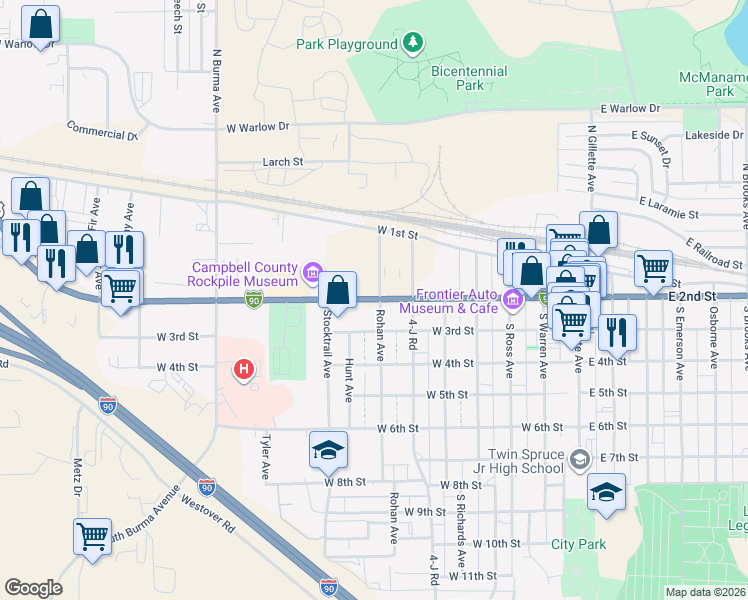 map of restaurants, bars, coffee shops, grocery stores, and more near 719 U.S. 14 in Gillette