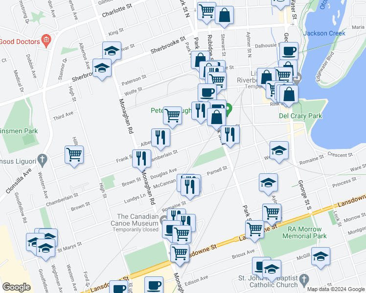 map of restaurants, bars, coffee shops, grocery stores, and more near 520 Chamberlain Street in Peterborough