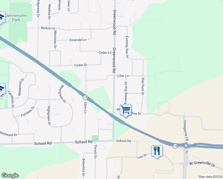 map of restaurants, bars, coffee shops, grocery stores, and more near N1458 Greenwood Road in Greenville