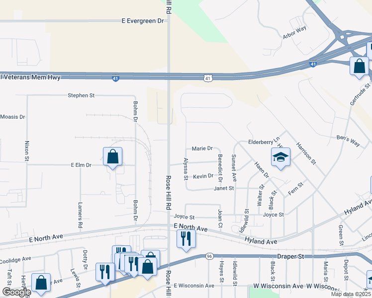 map of restaurants, bars, coffee shops, grocery stores, and more near 654 Alyssa Street in Kaukauna