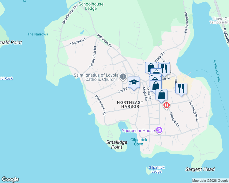map of restaurants, bars, coffee shops, grocery stores, and more near 4 Kinfolk Lane in Mount Desert