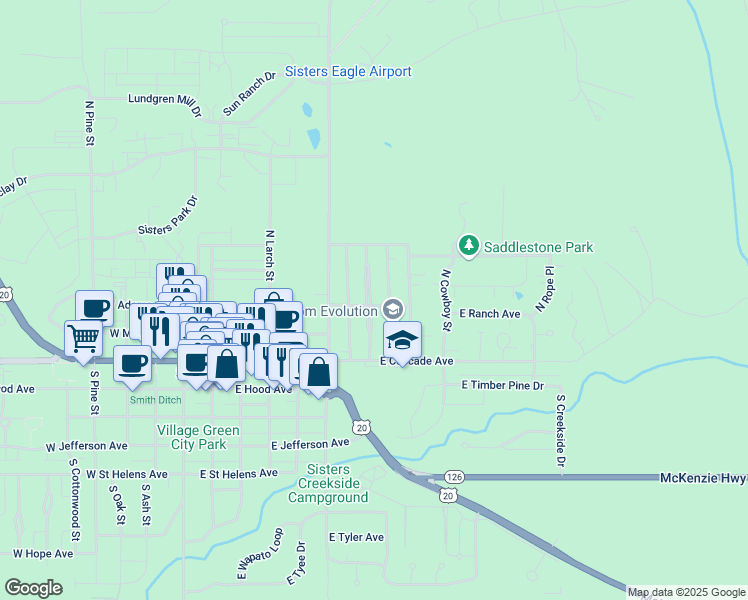 map of restaurants, bars, coffee shops, grocery stores, and more near 340 North Maple Street in Sisters