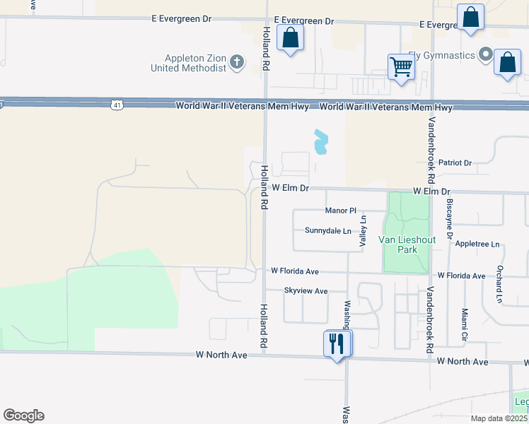 map of restaurants, bars, coffee shops, grocery stores, and more near 1421-1991 Holland Road in Little Chute
