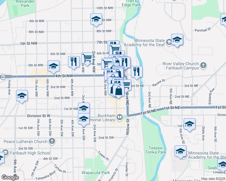 map of restaurants, bars, coffee shops, grocery stores, and more near 230 Central Avenue North in Faribault