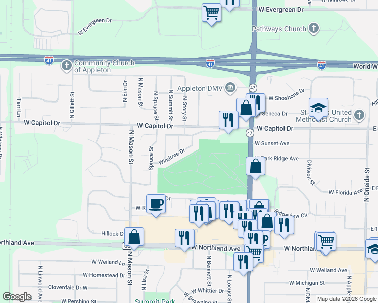 map of restaurants, bars, coffee shops, grocery stores, and more near 1005 Windtree Drive in Appleton