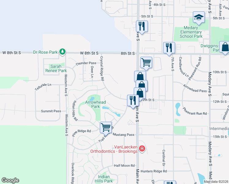 map of restaurants, bars, coffee shops, grocery stores, and more near Crystal Ridge Road in Brookings