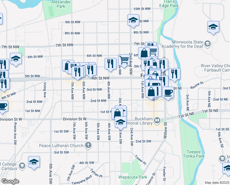 map of restaurants, bars, coffee shops, grocery stores, and more near 319 3rd Street Northwest in Faribault