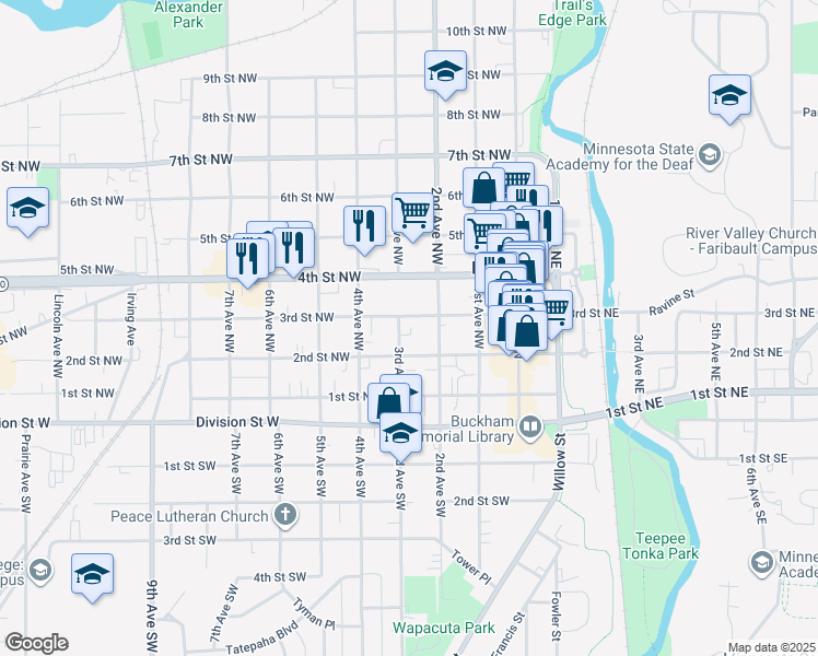 map of restaurants, bars, coffee shops, grocery stores, and more near 227 3rd Street Northwest in Faribault