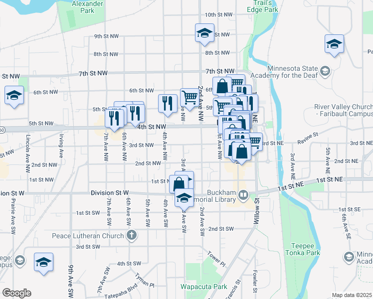 map of restaurants, bars, coffee shops, grocery stores, and more near 227 3rd Street Northwest in Faribault