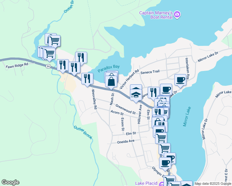 map of restaurants, bars, coffee shops, grocery stores, and more near 2242 Saranac Avenue in Lake Placid