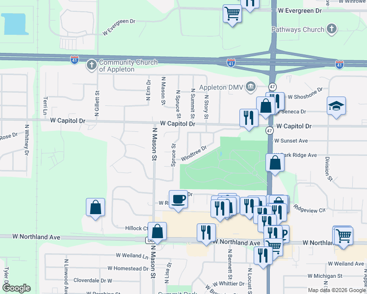 map of restaurants, bars, coffee shops, grocery stores, and more near 3137 North Mistwood Lane in Appleton