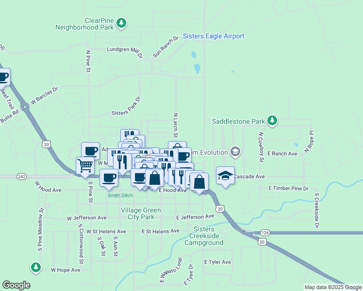 map of restaurants, bars, coffee shops, grocery stores, and more near 310 North Cedar Street in Sisters