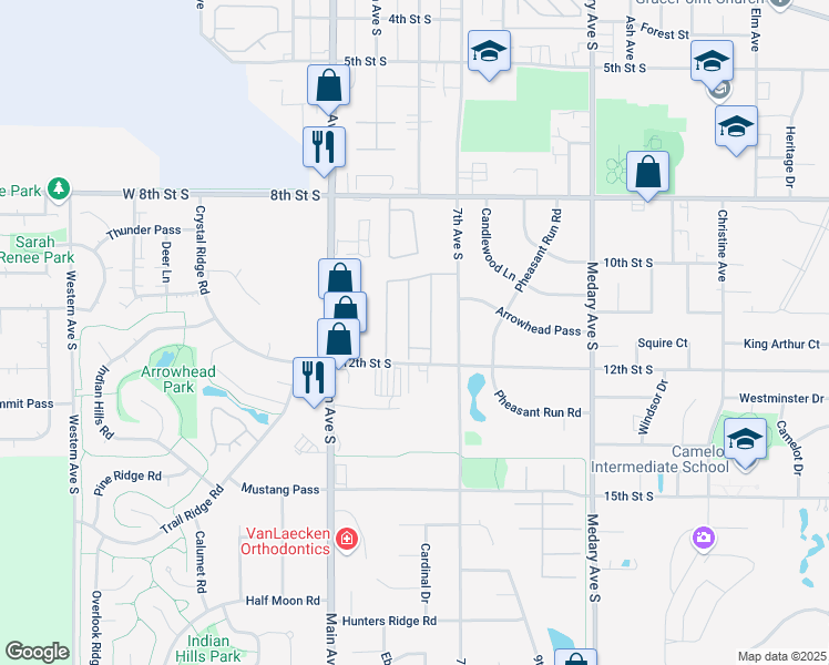 map of restaurants, bars, coffee shops, grocery stores, and more near 521 12th Street South in Brookings