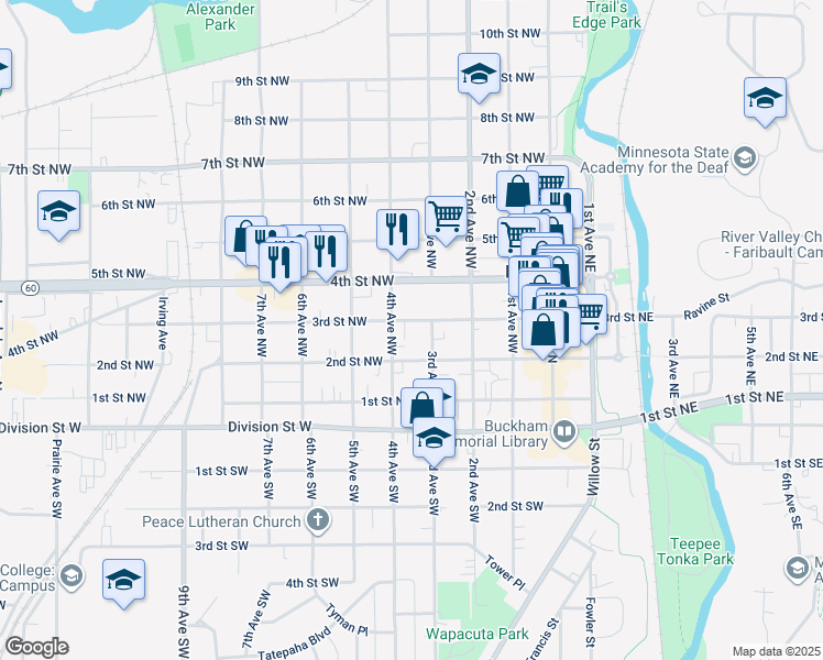 map of restaurants, bars, coffee shops, grocery stores, and more near 319 3rd Street Northwest in Faribault