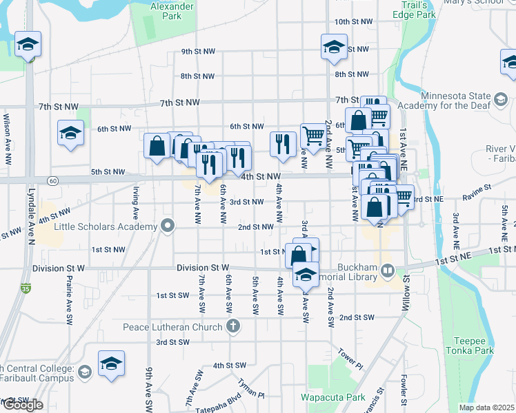 map of restaurants, bars, coffee shops, grocery stores, and more near 427 3rd Street Northwest in Faribault