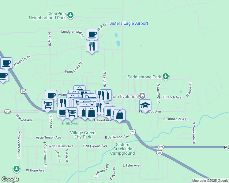 map of restaurants, bars, coffee shops, grocery stores, and more near 310 N Cedar St in Sisters