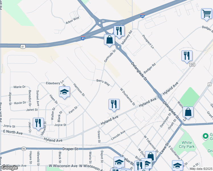 map of restaurants, bars, coffee shops, grocery stores, and more near 1141 Ben's Way in Kaukauna