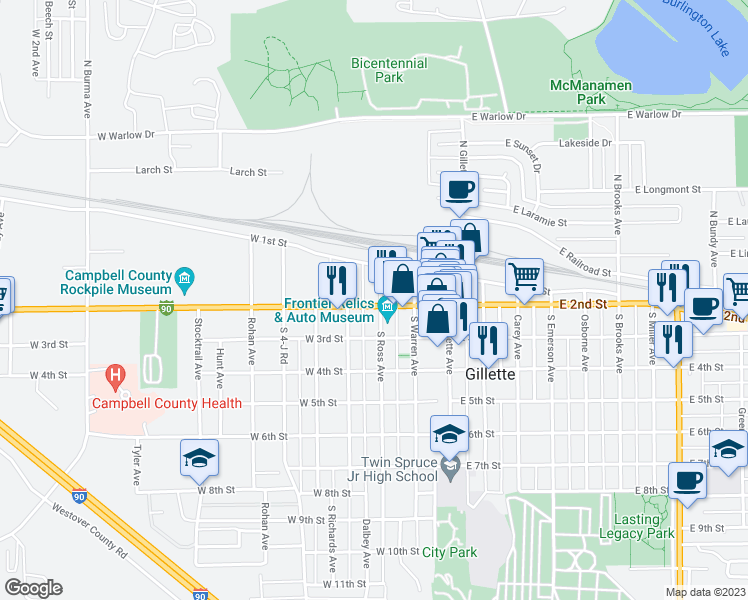 map of restaurants, bars, coffee shops, grocery stores, and more near 300 West 2nd Street in Gillette