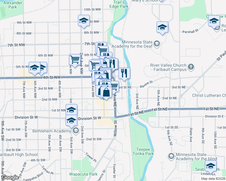 map of restaurants, bars, coffee shops, grocery stores, and more near 31 3rd Street Northeast in Faribault