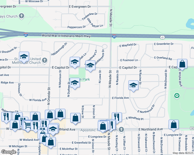 map of restaurants, bars, coffee shops, grocery stores, and more near 3301 North Lawe Street in Appleton