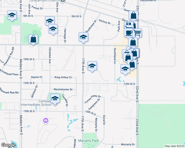 map of restaurants, bars, coffee shops, grocery stores, and more near 1801 12th Street South in Brookings