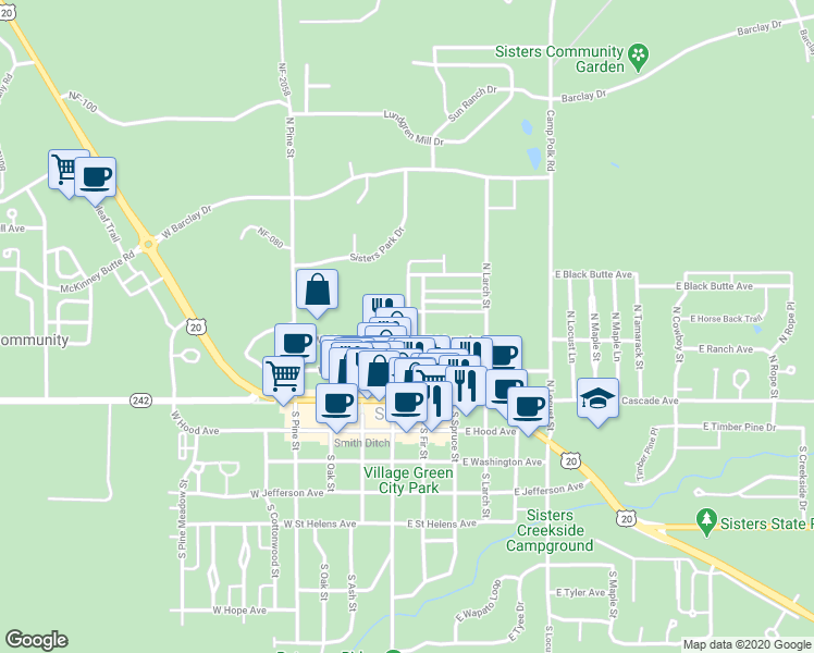 map of restaurants, bars, coffee shops, grocery stores, and more near 181 East Tall Fir Court in Sisters