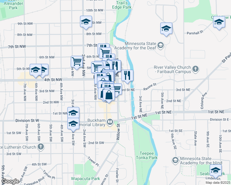 map of restaurants, bars, coffee shops, grocery stores, and more near 31 3rd Street Northeast in Faribault